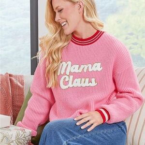 NEW - Simply Southern Pink Glitter Mama Claus Boutique Varsity Knit Sweater